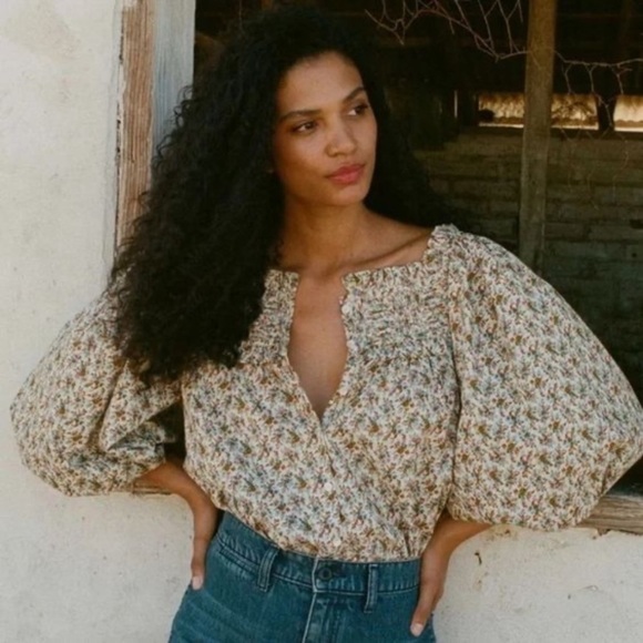 Doen Claudette Cotton Voile Ruffle Long Sleeve Blouse Top Crème Fleurs D’avignon - Picture 2 of 13